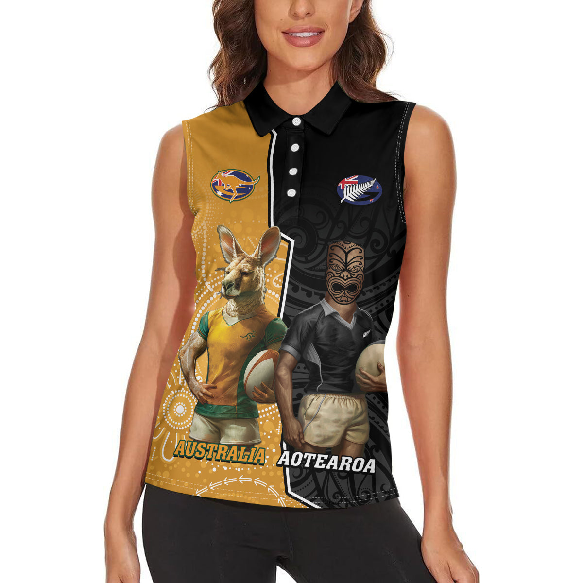 Personalised New Zealand And Australia Rugby Women Sleeveless Polo Shirt 2024 All Black Wallabies Mascots Together LT14 - Polynesian Pride