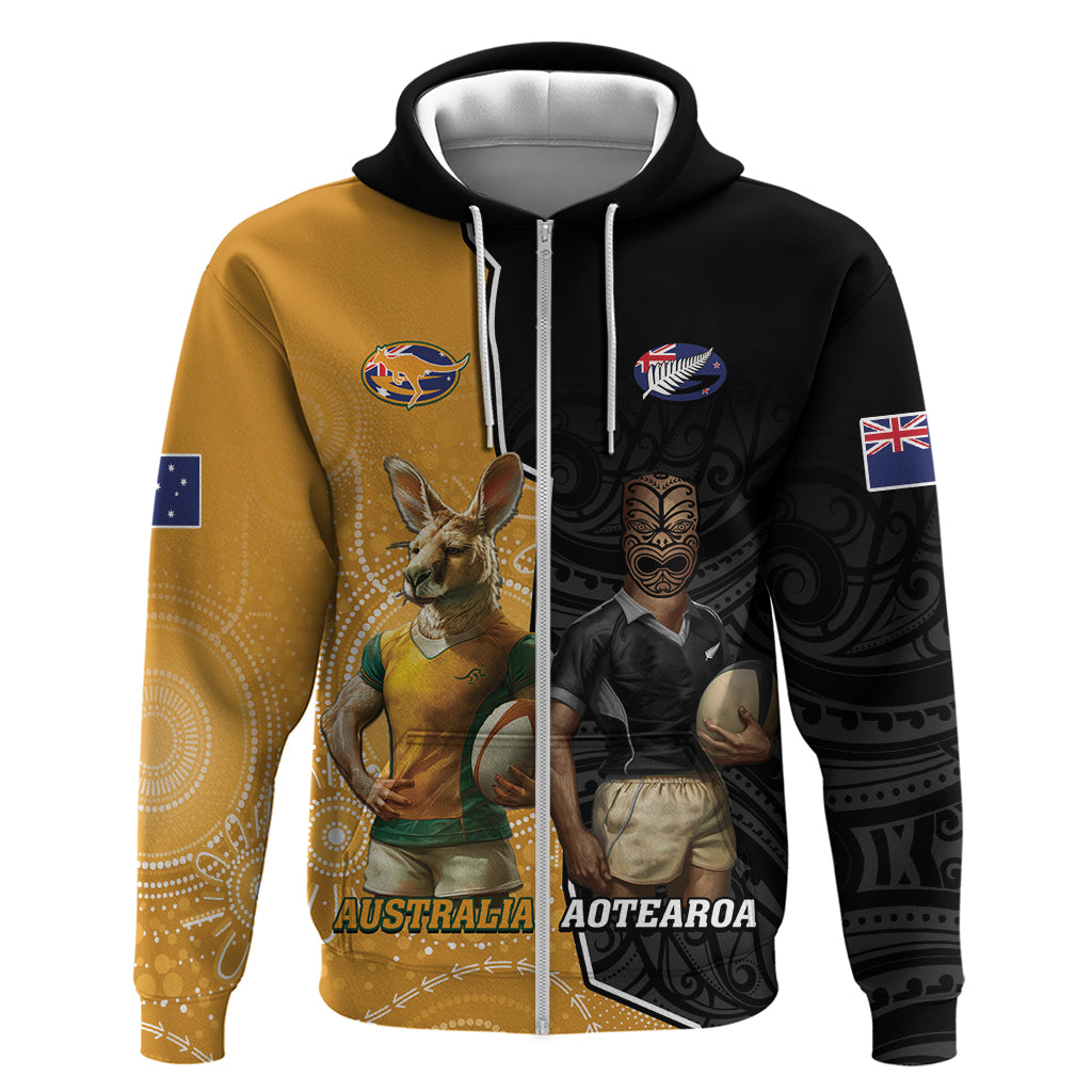 Personalised New Zealand And Australia Rugby Zip Hoodie 2024 All Black Wallabies Mascots Together LT14 Zip Hoodie Black - Polynesian Pride