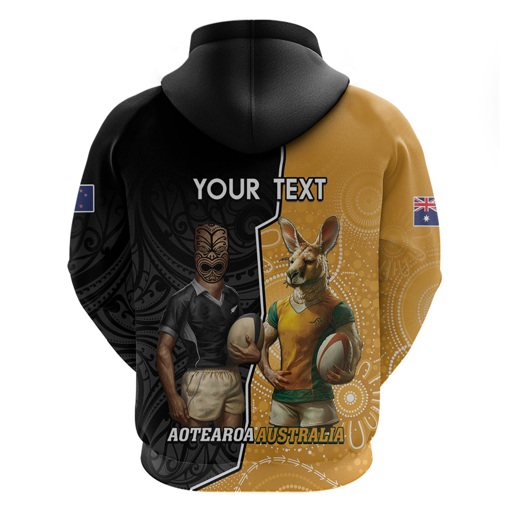 Personalised New Zealand And Australia Rugby Zip Hoodie 2024 All Black Wallabies Mascots Together LT14 - Polynesian Pride