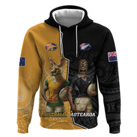 Personalised New Zealand And Australia Rugby Zip Hoodie 2024 All Black Wallabies Mascots Together LT14 Pullover Hoodie Black - Polynesian Pride