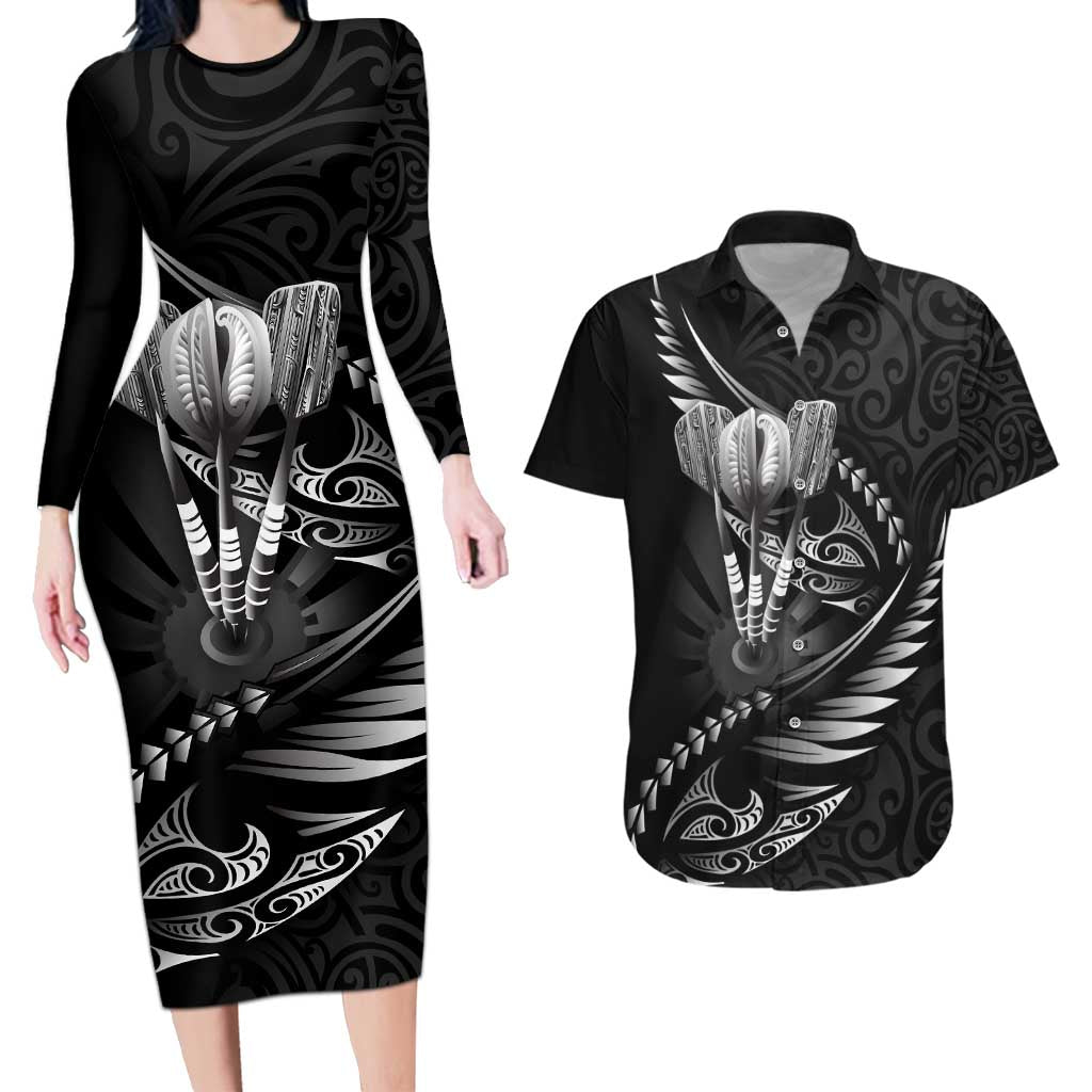 Personalised All Black New Zealand Darts Couples Matching Long Sleeve Bodycon Dress and Hawaiian Shirt Aoteroa Fern Maori Galaxy Style LT14 Black - Polynesian Pride