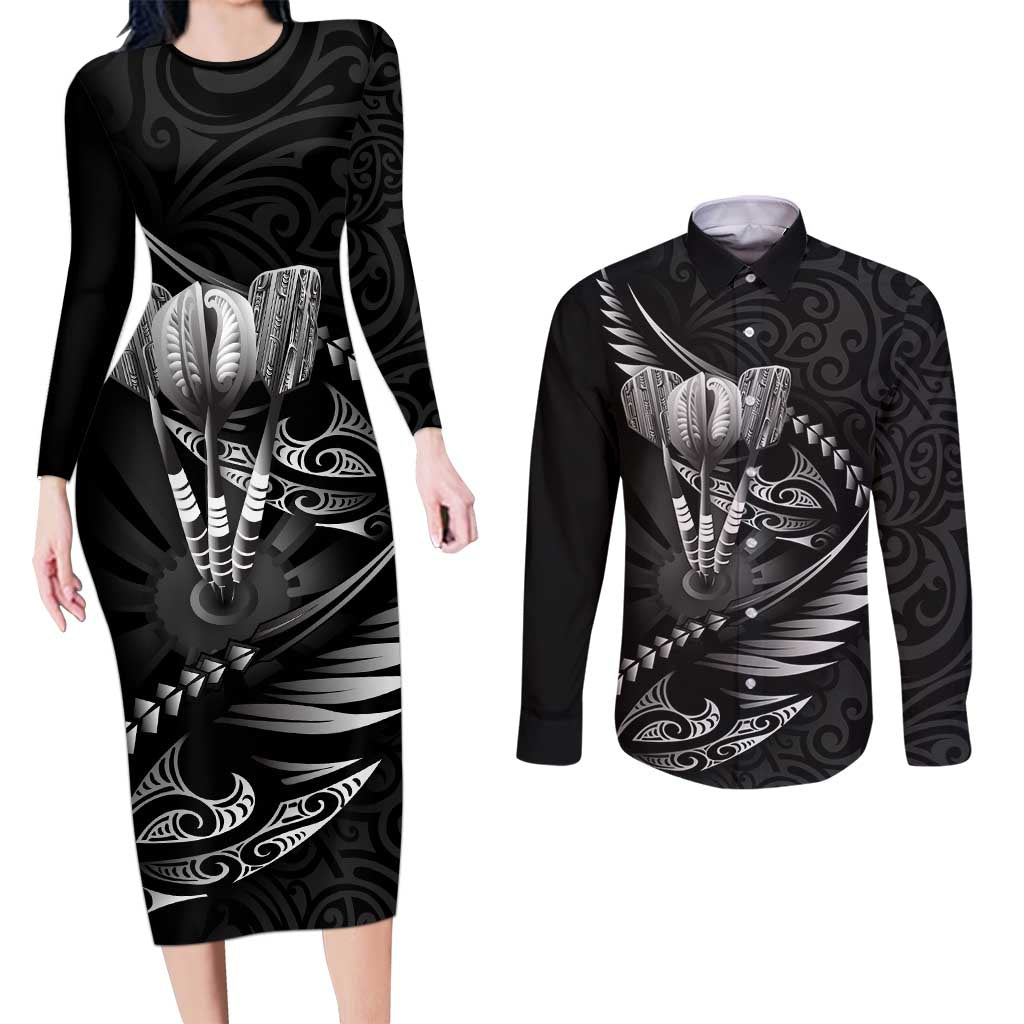 Personalised All Black New Zealand Darts Couples Matching Long Sleeve Bodycon Dress and Long Sleeve Button Shirt Aoteroa Fern Maori Galaxy Style LT14 Black - Polynesian Pride