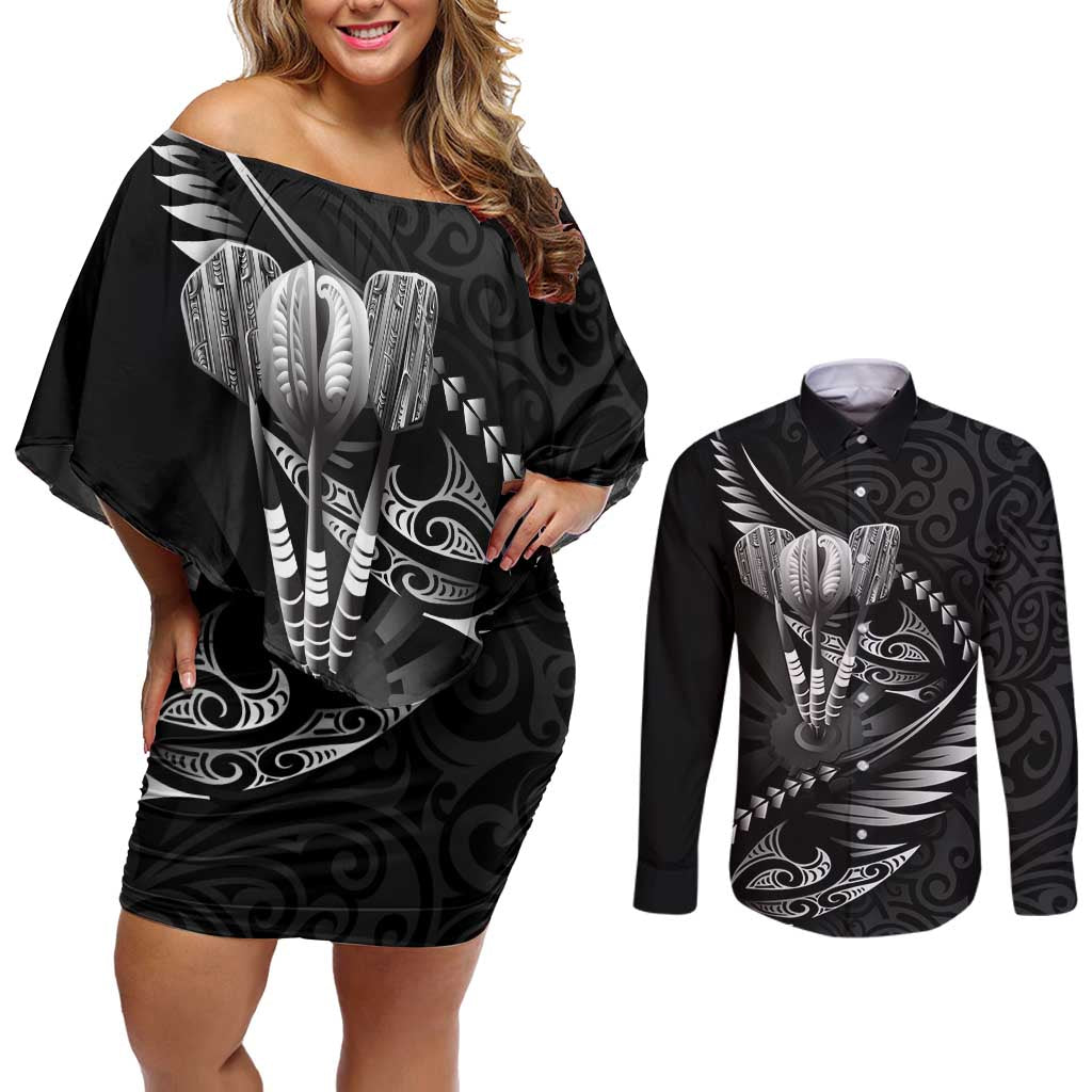 Personalised All Black New Zealand Darts Couples Matching Off Shoulder Short Dress and Long Sleeve Button Shirt Aoteroa Fern Maori Galaxy Style LT14 Black - Polynesian Pride