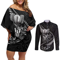 Personalised All Black New Zealand Darts Couples Matching Off Shoulder Short Dress and Long Sleeve Button Shirt Aoteroa Fern Maori Galaxy Style LT14 Black - Polynesian Pride