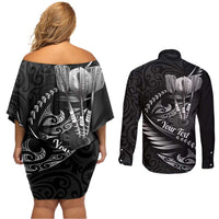 Personalised All Black New Zealand Darts Couples Matching Off Shoulder Short Dress and Long Sleeve Button Shirt Aoteroa Fern Maori Galaxy Style LT14 - Polynesian Pride