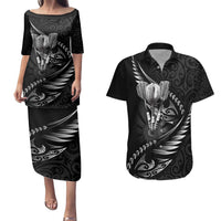 Personalised All Black New Zealand Darts Couples Matching Puletasi and Hawaiian Shirt Aoteroa Fern Maori Galaxy Style LT14 Black - Polynesian Pride