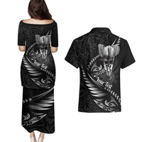 Personalised All Black New Zealand Darts Couples Matching Puletasi and Hawaiian Shirt Aoteroa Fern Maori Galaxy Style LT14 - Polynesian Pride