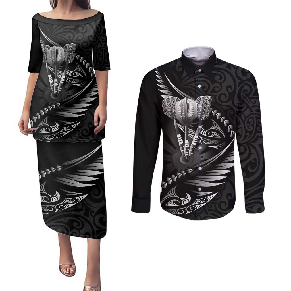 Personalised All Black New Zealand Darts Couples Matching Puletasi and Long Sleeve Button Shirt Aoteroa Fern Maori Galaxy Style LT14 Black - Polynesian Pride