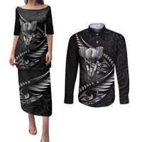 Personalised All Black New Zealand Darts Couples Matching Puletasi and Long Sleeve Button Shirt Aoteroa Fern Maori Galaxy Style LT14 Black - Polynesian Pride