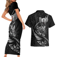 Personalised All Black New Zealand Darts Couples Matching Short Sleeve Bodycon Dress and Hawaiian Shirt Aoteroa Fern Maori Galaxy Style LT14 - Polynesian Pride