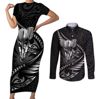 Personalised All Black New Zealand Darts Couples Matching Short Sleeve Bodycon Dress and Long Sleeve Button Shirt Aoteroa Fern Maori Galaxy Style LT14 Black - Polynesian Pride