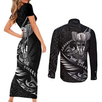 Personalised All Black New Zealand Darts Couples Matching Short Sleeve Bodycon Dress and Long Sleeve Button Shirt Aoteroa Fern Maori Galaxy Style LT14 - Polynesian Pride
