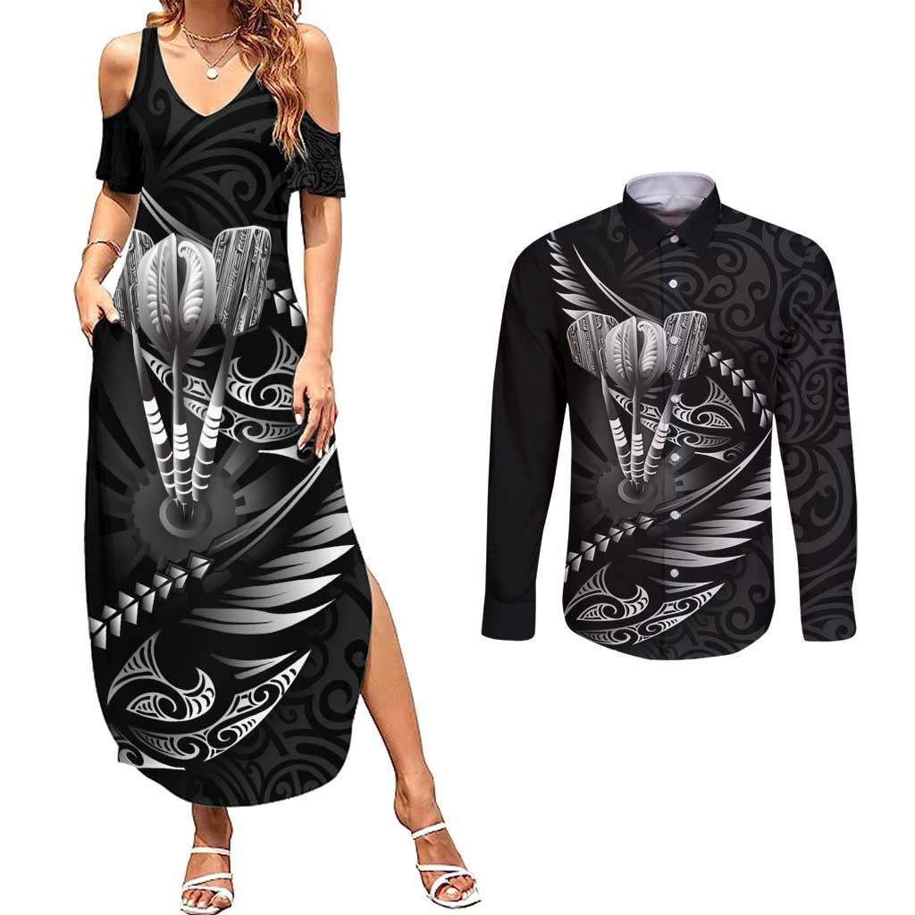 Personalised All Black New Zealand Darts Couples Matching Summer Maxi Dress and Long Sleeve Button Shirt Aoteroa Fern Maori Galaxy Style
