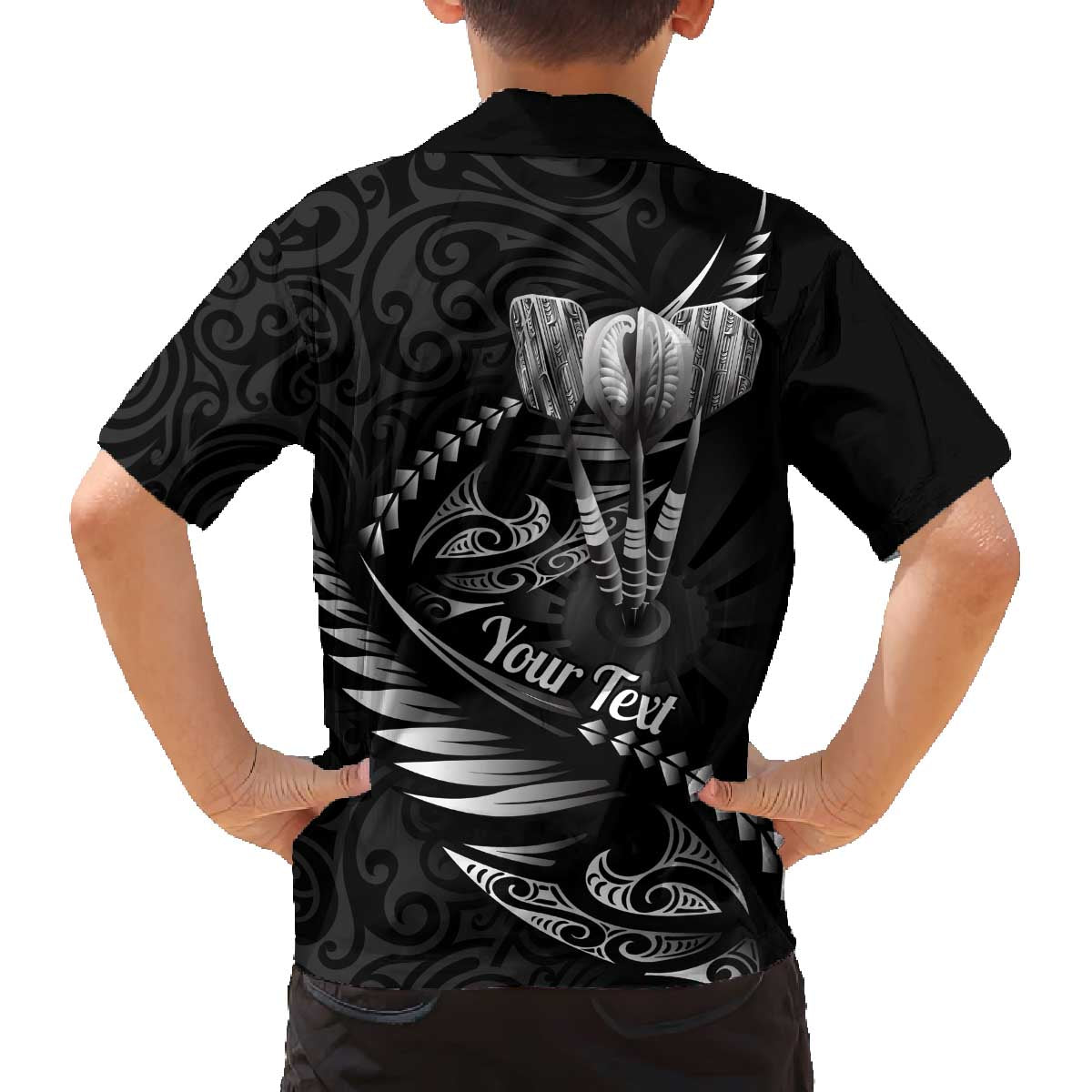 Personalised All Black New Zealand Darts Family Matching Off The Shoulder Long Sleeve Dress and Hawaiian Shirt Aoteroa Fern Maori Galaxy Style LT14 - Polynesian Pride