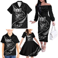 Personalised All Black New Zealand Darts Family Matching Off The Shoulder Long Sleeve Dress and Hawaiian Shirt Aoteroa Fern Maori Galaxy Style LT14 - Polynesian Pride
