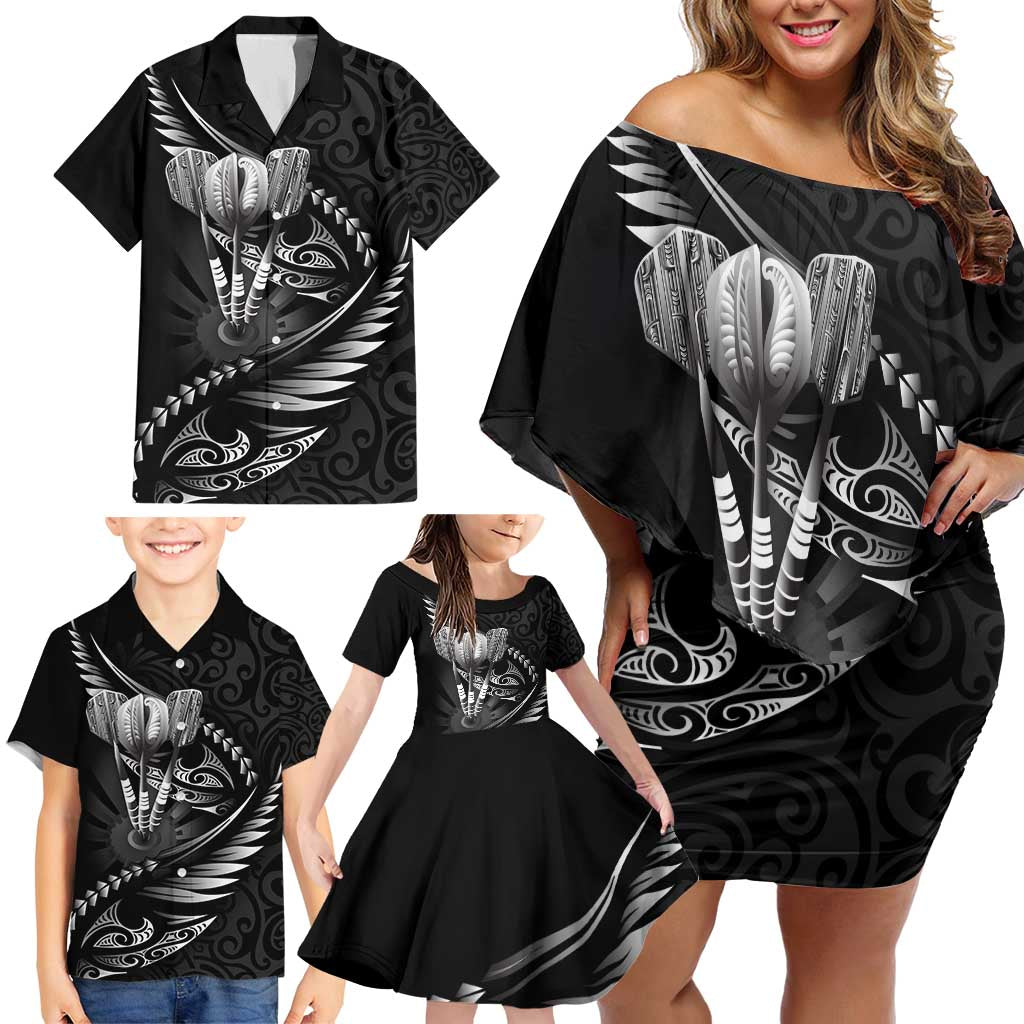 Personalised All Black New Zealand Darts Family Matching Off Shoulder Short Dress and Hawaiian Shirt Aoteroa Fern Maori Galaxy Style