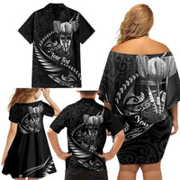 Personalised All Black New Zealand Darts Family Matching Off Shoulder Short Dress and Hawaiian Shirt Aoteroa Fern Maori Galaxy Style