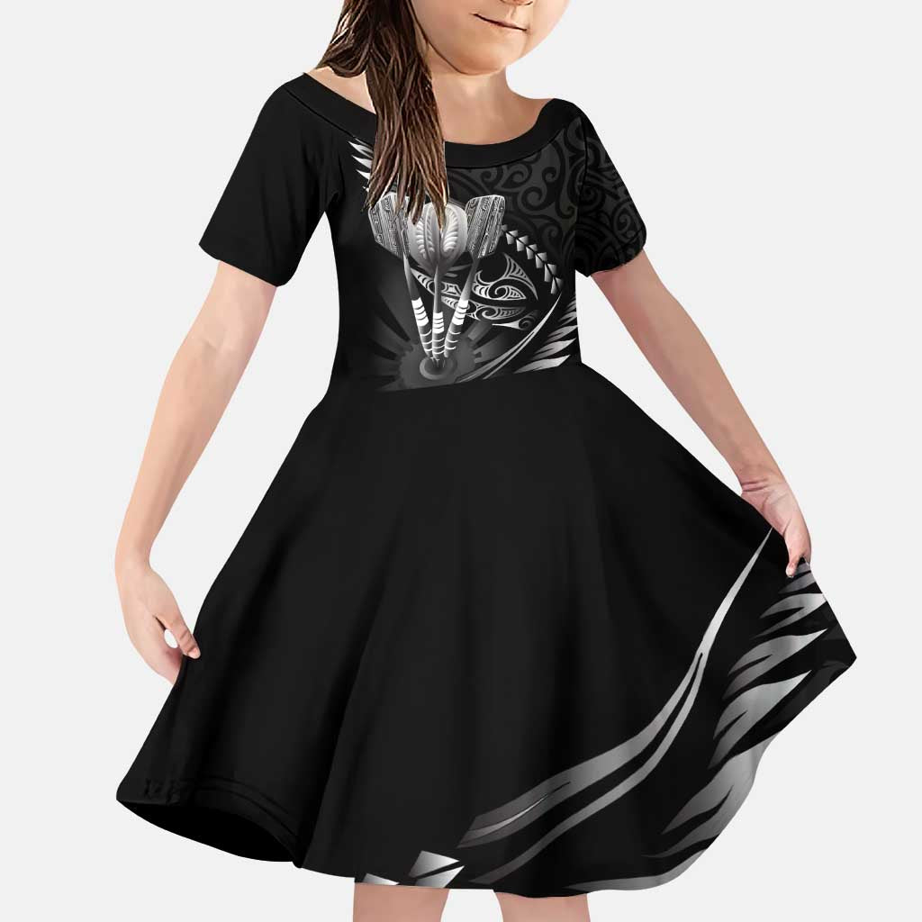Personalised All Black New Zealand Darts Family Matching Puletasi and Hawaiian Shirt Aoteroa Fern Maori Galaxy Style LT14 Daughter's Dress Black - Polynesian Pride
