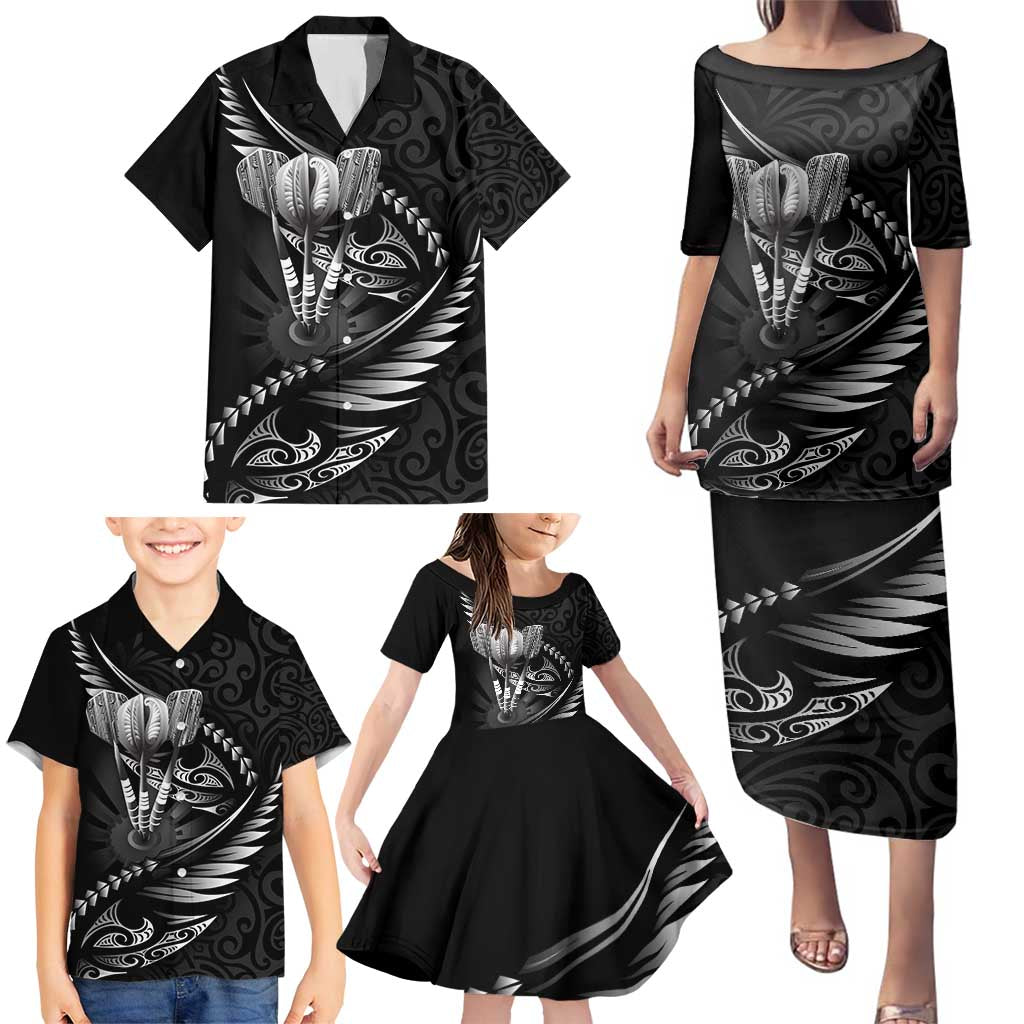 Personalised All Black New Zealand Darts Family Matching Puletasi and Hawaiian Shirt Aoteroa Fern Maori Galaxy Style LT14 - Polynesian Pride