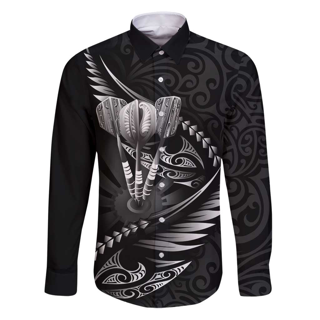 Personalised All Black New Zealand Darts Family Matching Puletasi and Hawaiian Shirt Aoteroa Fern Maori Galaxy Style LT14 Dad's Shirt - Long Sleeve Black - Polynesian Pride