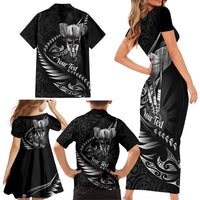 Personalised All Black New Zealand Darts Family Matching Short Sleeve Bodycon Dress and Hawaiian Shirt Aoteroa Fern Maori Galaxy Style