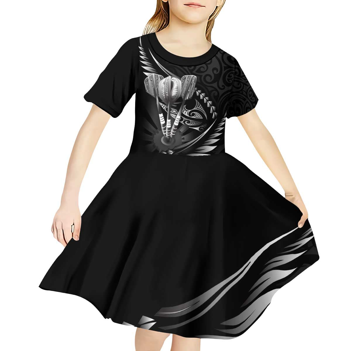 Personalised All Black New Zealand Darts Kid Short Sleeve Dress Aoteroa Fern Maori Galaxy Style