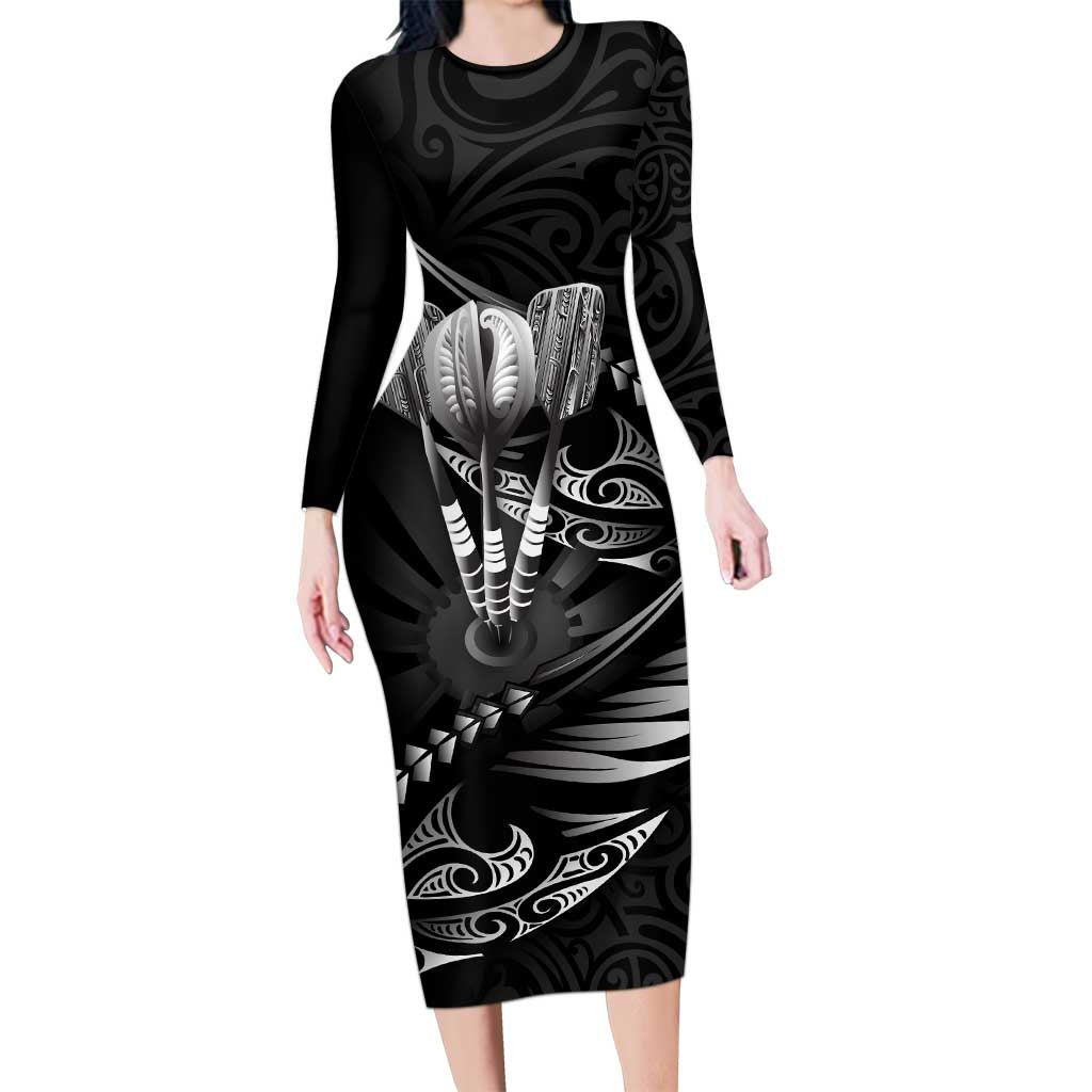 Personalised All Black New Zealand Darts Long Sleeve Bodycon Dress Aoteroa Fern Maori Galaxy Style