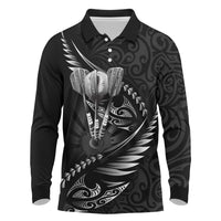 Personalised All Black New Zealand Darts Long Sleeve Polo Shirt Aoteroa Fern Maori Galaxy Style LT14 Black - Polynesian Pride