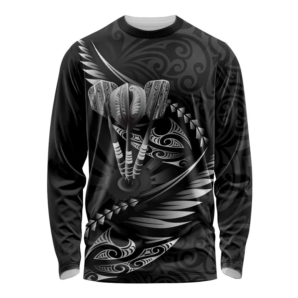 Personalised All Black New Zealand Darts Long Sleeve Shirt Aoteroa Fern Maori Galaxy Style LT14 Unisex Black - Polynesian Pride
