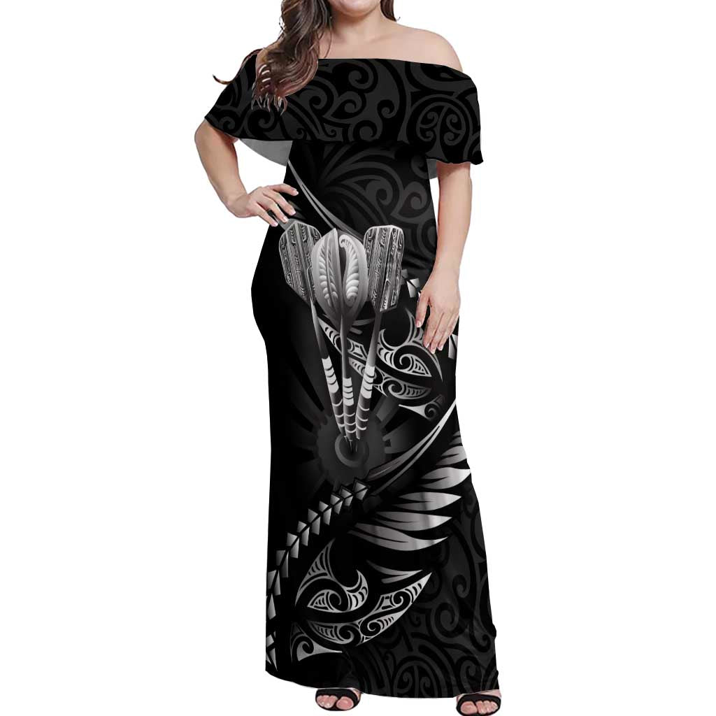 Personalised All Black New Zealand Darts Off Shoulder Maxi Dress Aoteroa Fern Maori Galaxy Style LT14 Women Black - Polynesian Pride
