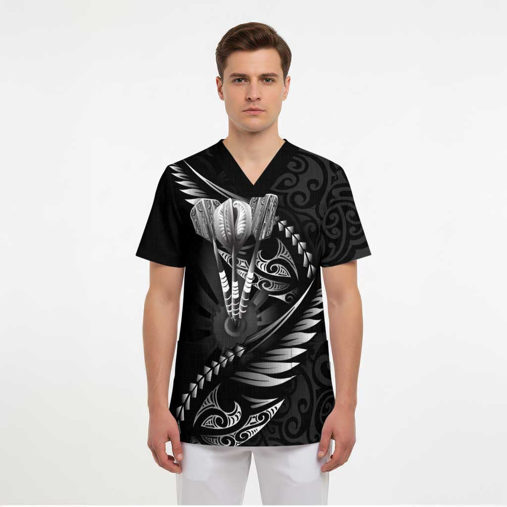 Personalised All Black New Zealand Darts Scrub Top Aoteroa Fern Maori Galaxy Style - Polynesian Pride