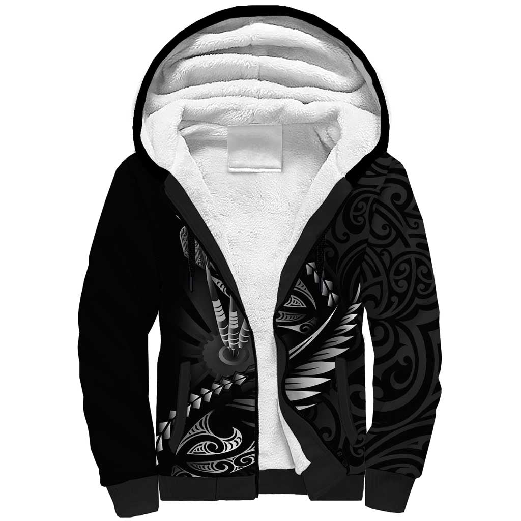 Personalised All Black New Zealand Darts Sherpa Hoodie Aoteroa Fern Maori Galaxy Style LT14 Unisex Black - Polynesian Pride
