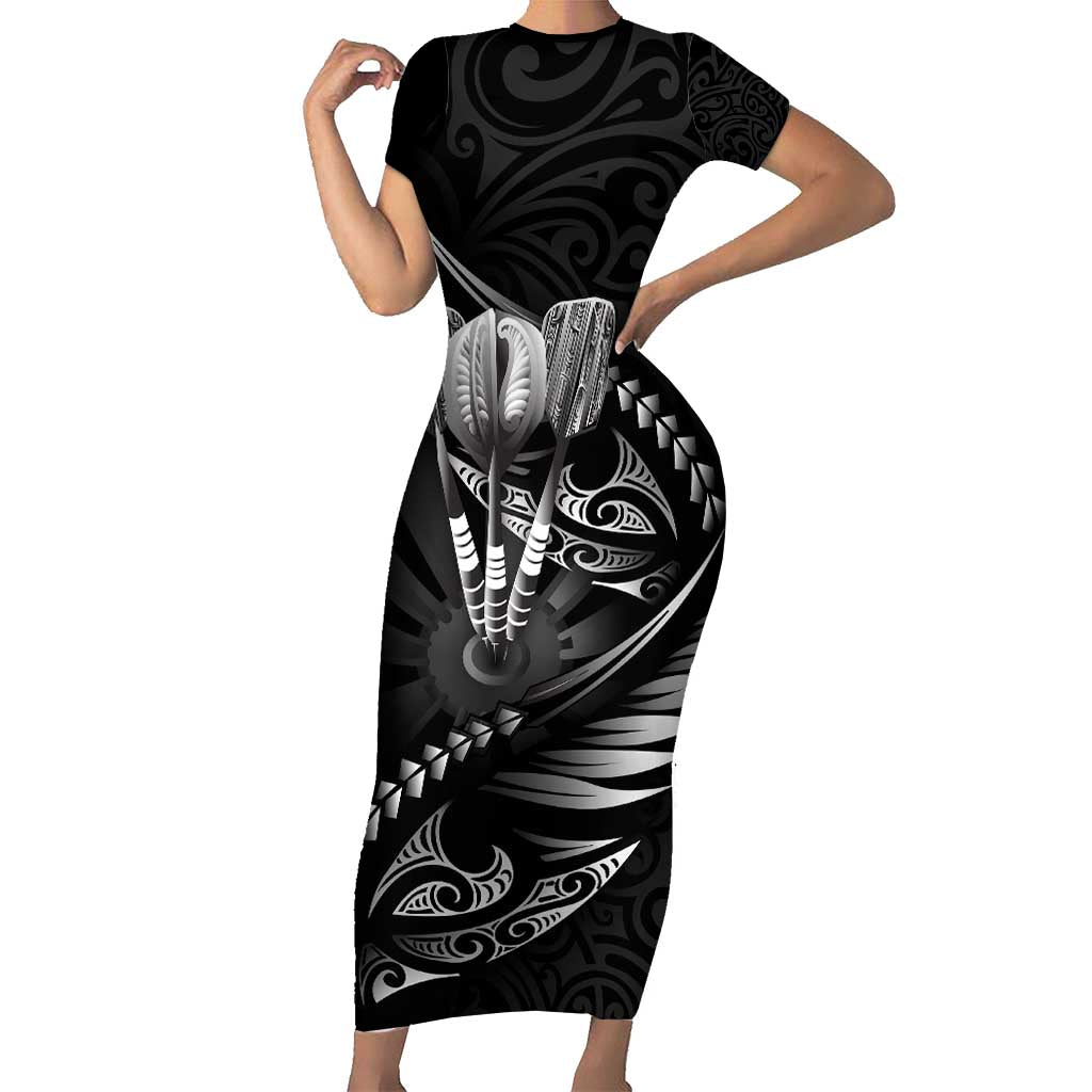 Personalised All Black New Zealand Darts Short Sleeve Bodycon Dress Aoteroa Fern Maori Galaxy Style