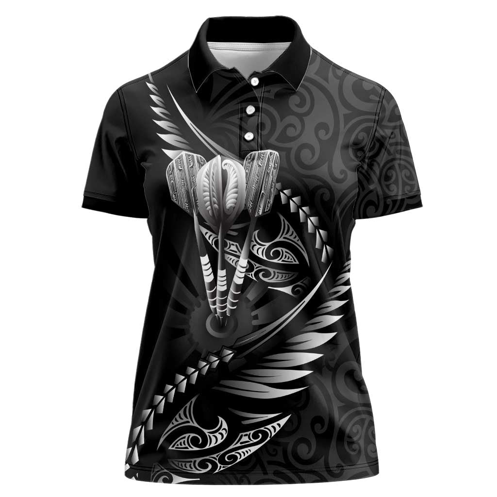 Personalised All Black New Zealand Darts Women Polo Shirt Aoteroa Fern Maori Galaxy Style LT14 Female Black - Polynesian Pride