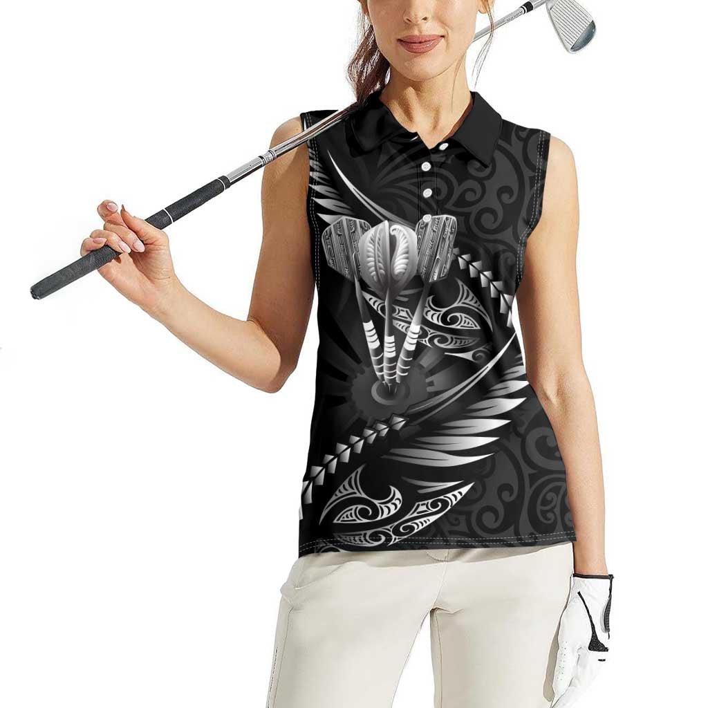 Personalised All Black New Zealand Darts Women Sleeveless Polo Shirt Aoteroa Fern Maori Galaxy Style LT14 - Polynesian Pride