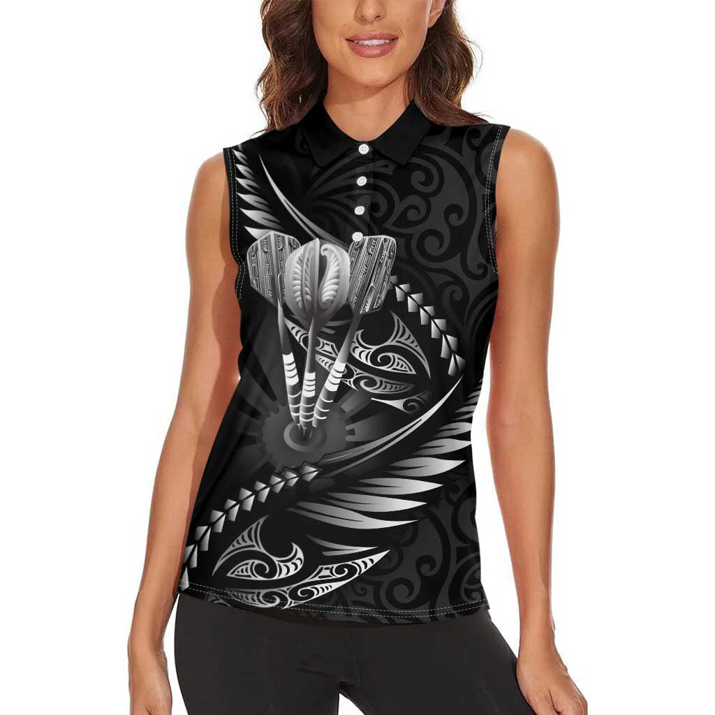 Personalised All Black New Zealand Darts Women Sleeveless Polo Shirt Aoteroa Fern Maori Galaxy Style LT14 - Polynesian Pride