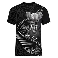 Personalised All Black New Zealand Darts Women V-Neck T-Shirt Aoteroa Fern Maori Galaxy Style LT14 - Polynesian Pride