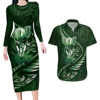 Personalised All Green New Zealand Darts Couples Matching Long Sleeve Bodycon Dress and Hawaiian Shirt Aoteroa Fern Maori Galaxy Style LT14 Green - Polynesian Pride