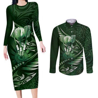 Personalised All Green New Zealand Darts Couples Matching Long Sleeve Bodycon Dress and Long Sleeve Button Shirt Aoteroa Fern Maori Galaxy Style LT14 Green - Polynesian Pride