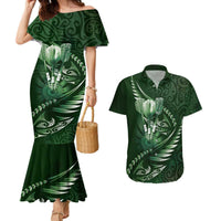 Personalised All Green New Zealand Darts Couples Matching Mermaid Dress and Hawaiian Shirt Aoteroa Fern Maori Galaxy Style LT14 Green - Polynesian Pride