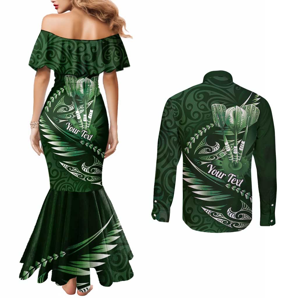 Personalised All Green New Zealand Darts Couples Matching Mermaid Dress and Long Sleeve Button Shirt Aoteroa Fern Maori Galaxy Style LT14 - Polynesian Pride