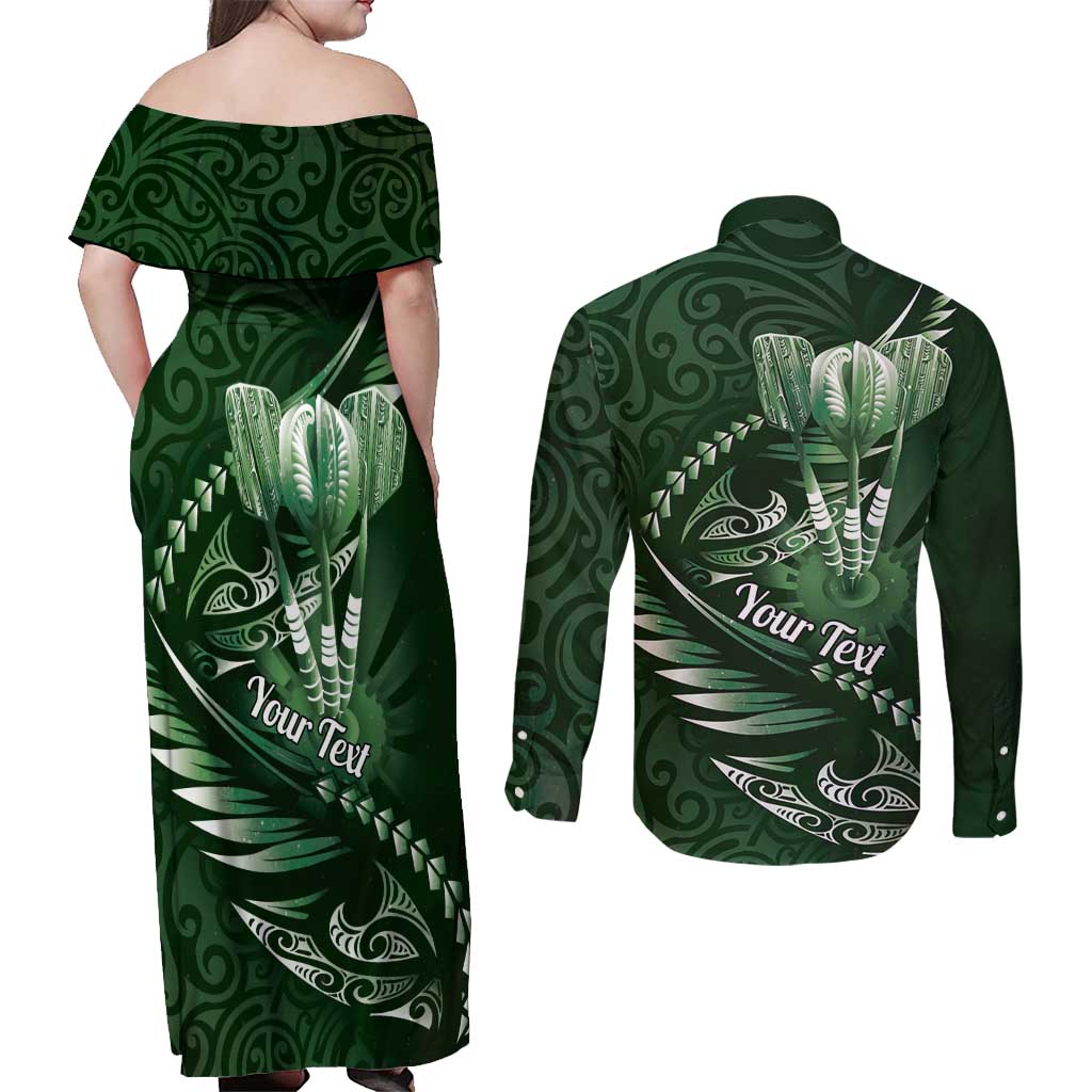 Personalised All Green New Zealand Darts Couples Matching Off Shoulder Maxi Dress and Long Sleeve Button Shirt Aoteroa Fern Maori Galaxy Style LT14 - Polynesian Pride