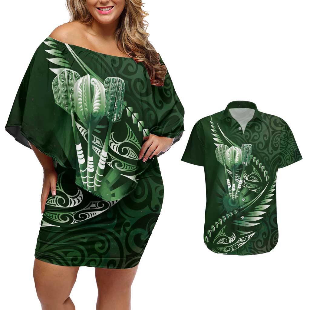 Personalised All Green New Zealand Darts Couples Matching Off Shoulder Short Dress and Hawaiian Shirt Aoteroa Fern Maori Galaxy Style LT14 Green - Polynesian Pride