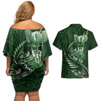 Personalised All Green New Zealand Darts Couples Matching Off Shoulder Short Dress and Hawaiian Shirt Aoteroa Fern Maori Galaxy Style LT14 - Polynesian Pride