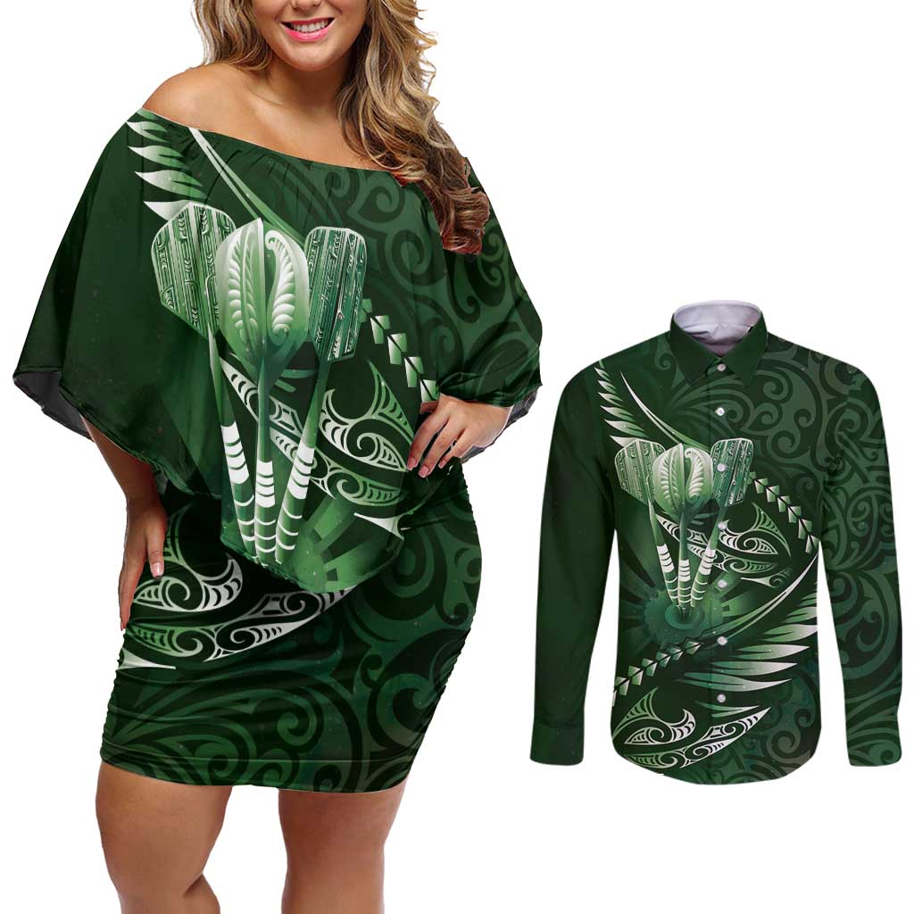 Personalised All Green New Zealand Darts Couples Matching Off Shoulder Short Dress and Long Sleeve Button Shirt Aoteroa Fern Maori Galaxy Style LT14 Green - Polynesian Pride
