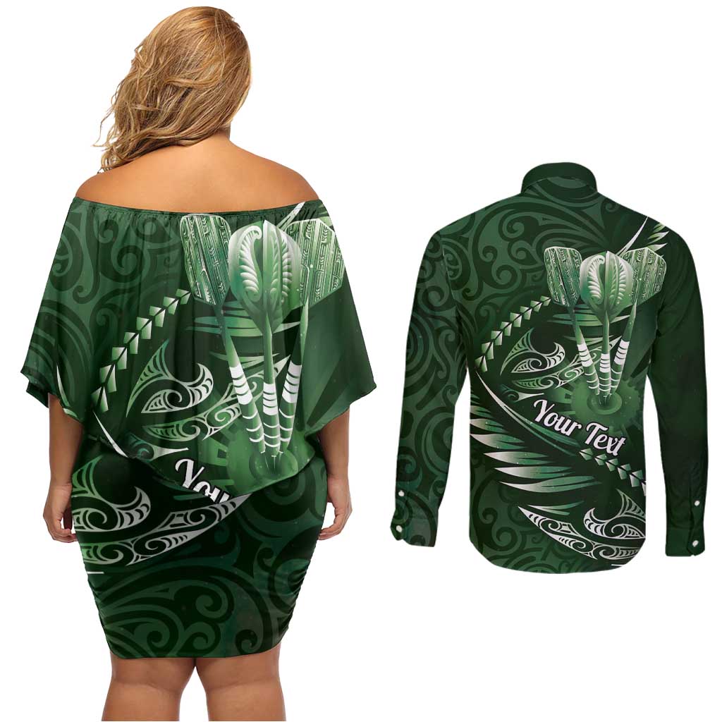 Personalised All Green New Zealand Darts Couples Matching Off Shoulder Short Dress and Long Sleeve Button Shirt Aoteroa Fern Maori Galaxy Style LT14 - Polynesian Pride