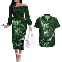 Personalised All Green New Zealand Darts Couples Matching Off The Shoulder Long Sleeve Dress and Hawaiian Shirt Aoteroa Fern Maori Galaxy Style LT14 Green - Polynesian Pride