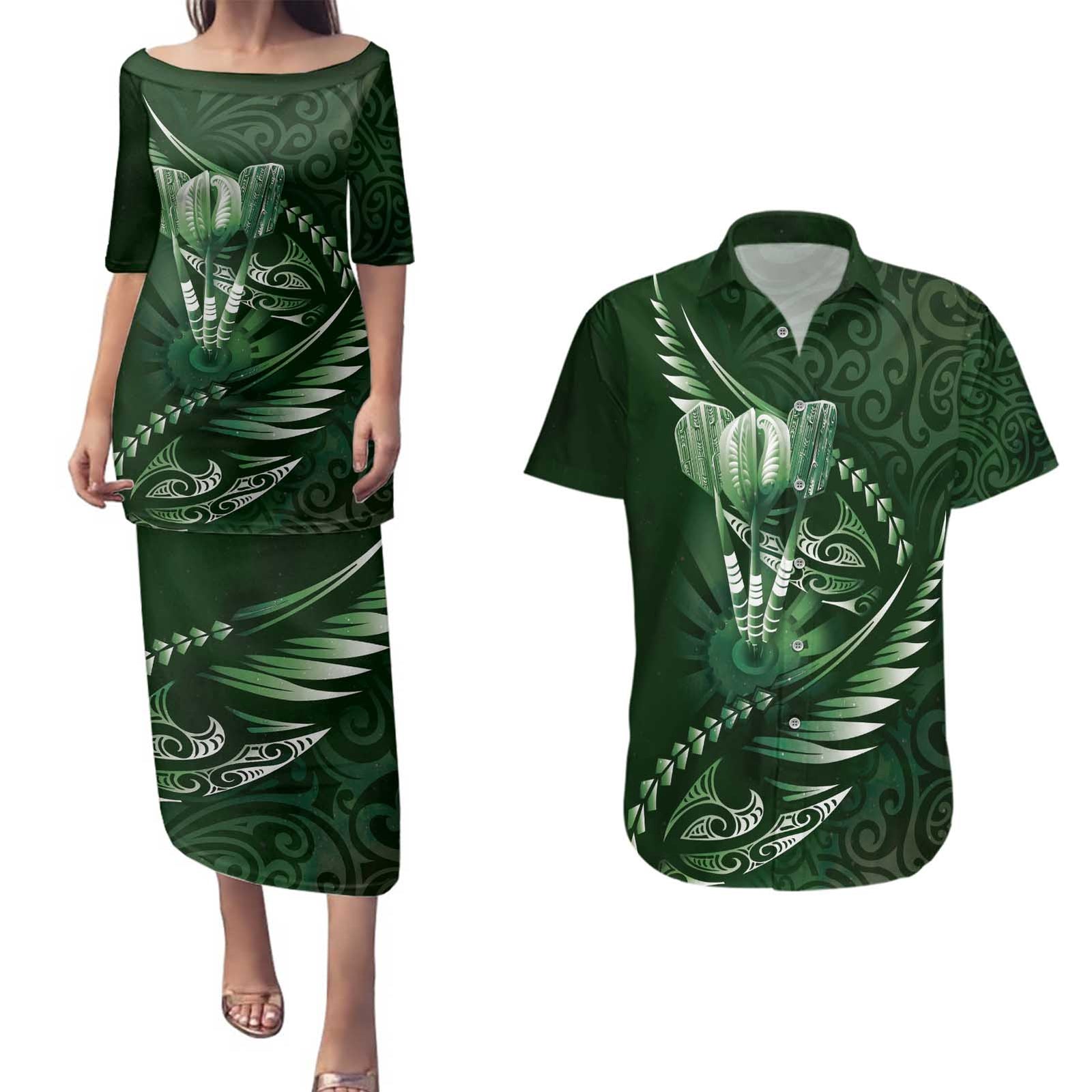 Personalised All Green New Zealand Darts Couples Matching Puletasi and Hawaiian Shirt Aoteroa Fern Maori Galaxy Style