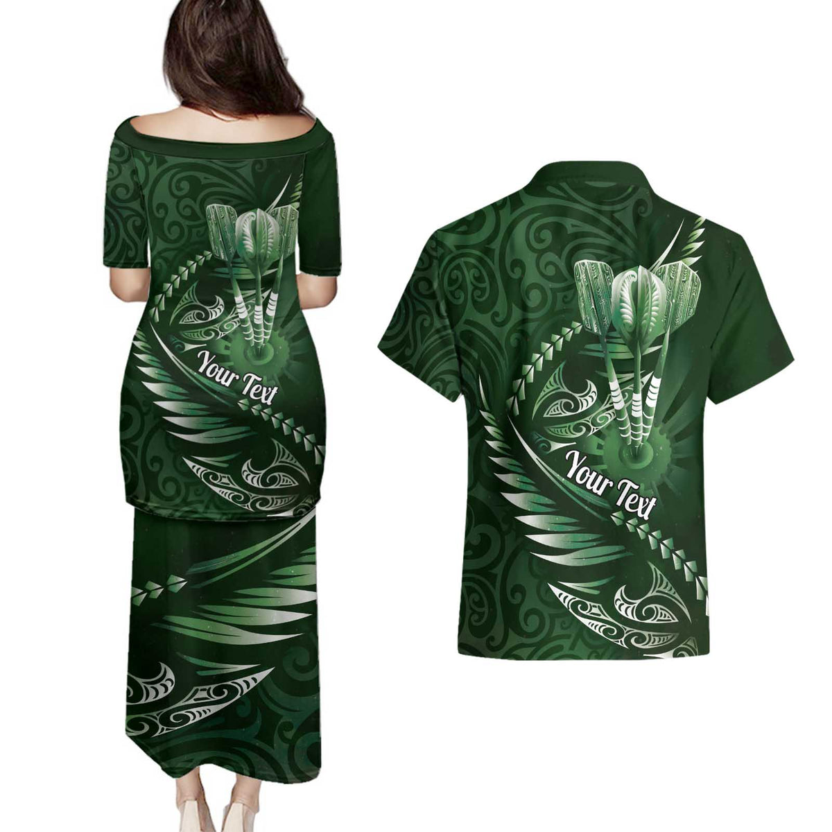 Personalised All Green New Zealand Darts Couples Matching Puletasi and Hawaiian Shirt Aoteroa Fern Maori Galaxy Style LT14 - Polynesian Pride