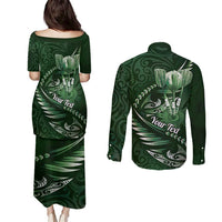 Personalised All Green New Zealand Darts Couples Matching Puletasi and Long Sleeve Button Shirt Aoteroa Fern Maori Galaxy Style LT14 - Polynesian Pride